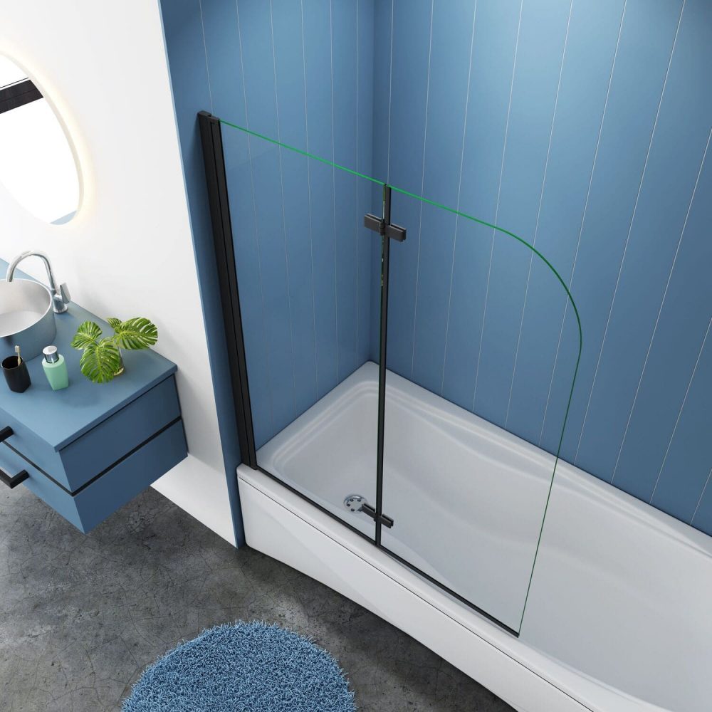 Two Panel Hinged Bath Screen - 6mm Toughened Glass, Matt Black