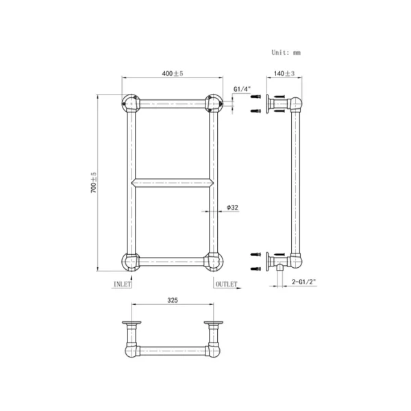 Technical drawing of WS07-40-3C chrome heated towel rail radiator with dimensions: 700mm height, 400mm width, and 140mm depth