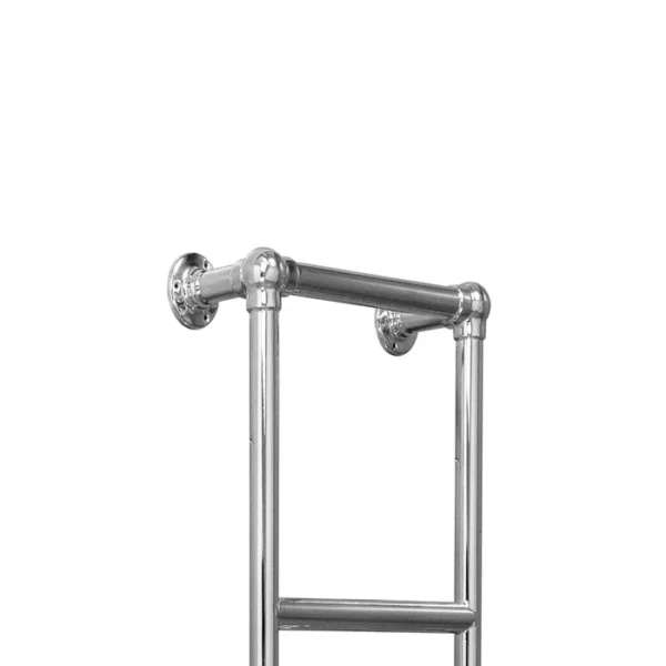 Upper section view of a Victorian-style chrome heated towel rail, showcasing its classic design