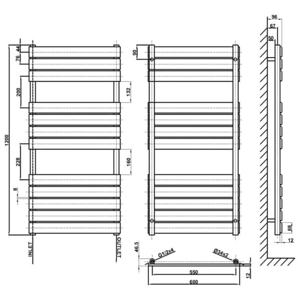 Technical drawing of MLH-PL12-60-12A towel radiator, dimensions: 1200mm height, 600mm width