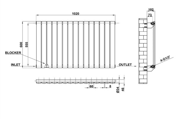 Radiator-Dimensions-Flat-Panel-Single-Horizontal-MLH-P06-15-S(ABW)