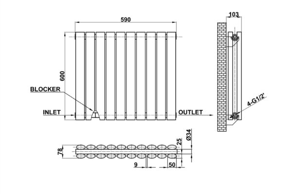 Radiator-Dimensions-Oval-Panel-Double-Horizontal-MLH-N06-10-D(AWB)-line-drawing