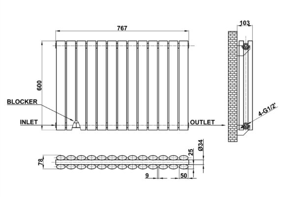 Radiator-Dimensions-Oval-Panel-Double-Horizontal-MLH-N06-13-D(AWB)-line-drawing