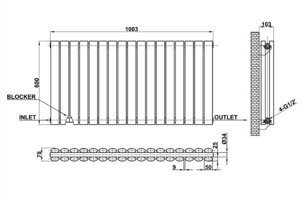 Radiator-Dimensions-Oval-Panel-Double-Horizontal-MLH-N06-17-D(AWB)-line-drawing