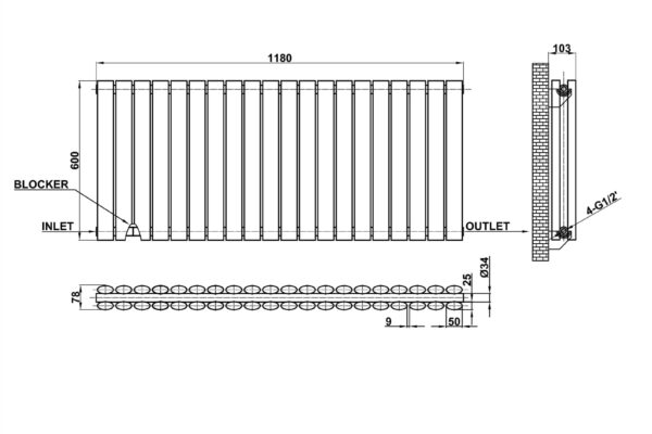 Radiator-Dimensions-Oval-Panel-Double-Horizontal-MLH-N06-20-D(AWB)-line-drawing