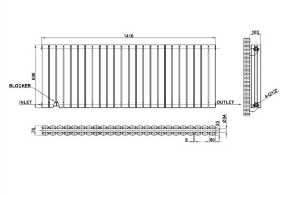 Radiator-Dimensions-Oval-Panel-Double-Horizontal-MLH-N06-24-D(AWB)-line-drawing