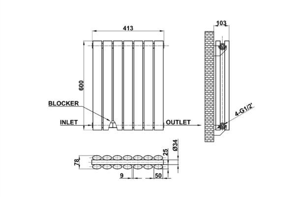 Radiator-Dimensions-Oval-Panel-Double-Horizontal-MLH-N06-7-D(AWB)-line-drawing