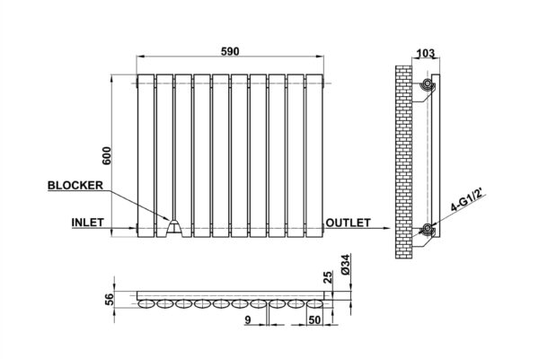 Radiator-Dimensions-Oval-Panel-Single-Horizontal-MLH-N06-10-S(AWB)-line-drawing