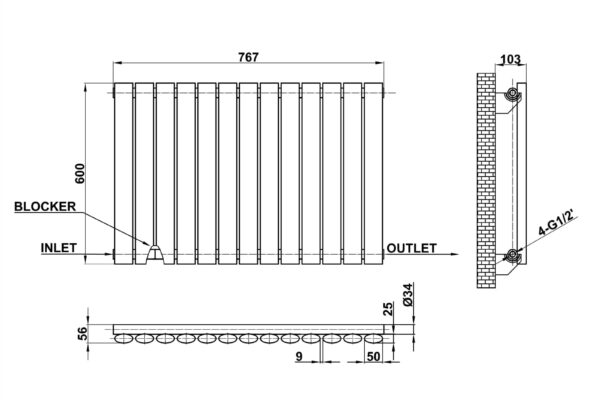 Radiator-Dimensions-Oval-Panel-Single-Horizontal-MLH-N06-13-S(AWB)-line-drawing