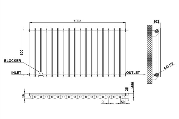 Radiator-Dimensions-Oval-Panel-Single-Horizontal-MLH-N06-17-S(AWB)-line-drawing