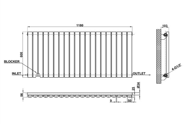 Radiator-Dimensions-Oval-Panel-Single-Horizontal-MLH-N06-20-S(AWB)-line-drawing