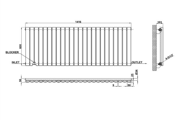 Radiator-Dimensions-Oval-Panel-Single-Horizontal-MLH-N06-24-S(AWB)-line-drawing