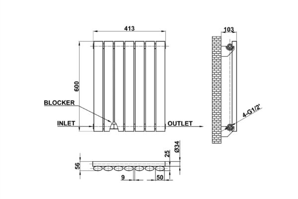 Radiator-Dimensions-Oval-Panel-Single-Horizontal-MLH-N06-7-S(AWB)-line-drawing