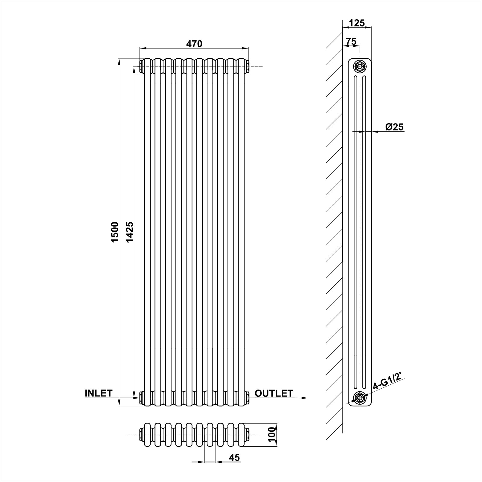 Vertical 2&3 Column Radiator Radiator Line Drawing Three Column MLH C15 10 3 1 CAVR MLH PRODUCTS