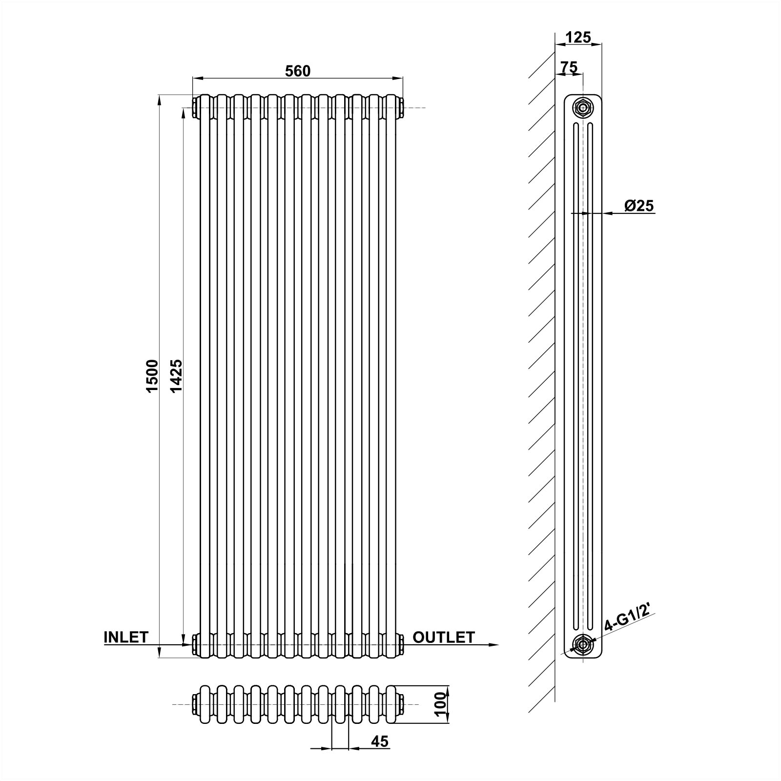 Vertical 2&3 Column Radiator Radiator Line Drawing Three Column MLH C15 12 3 1 CAVR MLH PRODUCTS