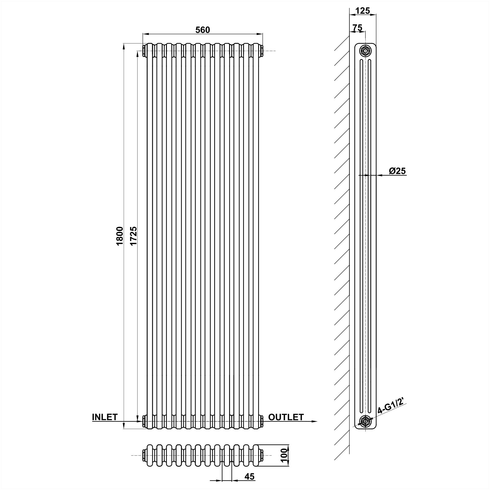 Vertical 2&3 Column Radiator Radiator Line Drawing Three Column MLH C18 12 3 1 CAVR MLH PRODUCTS