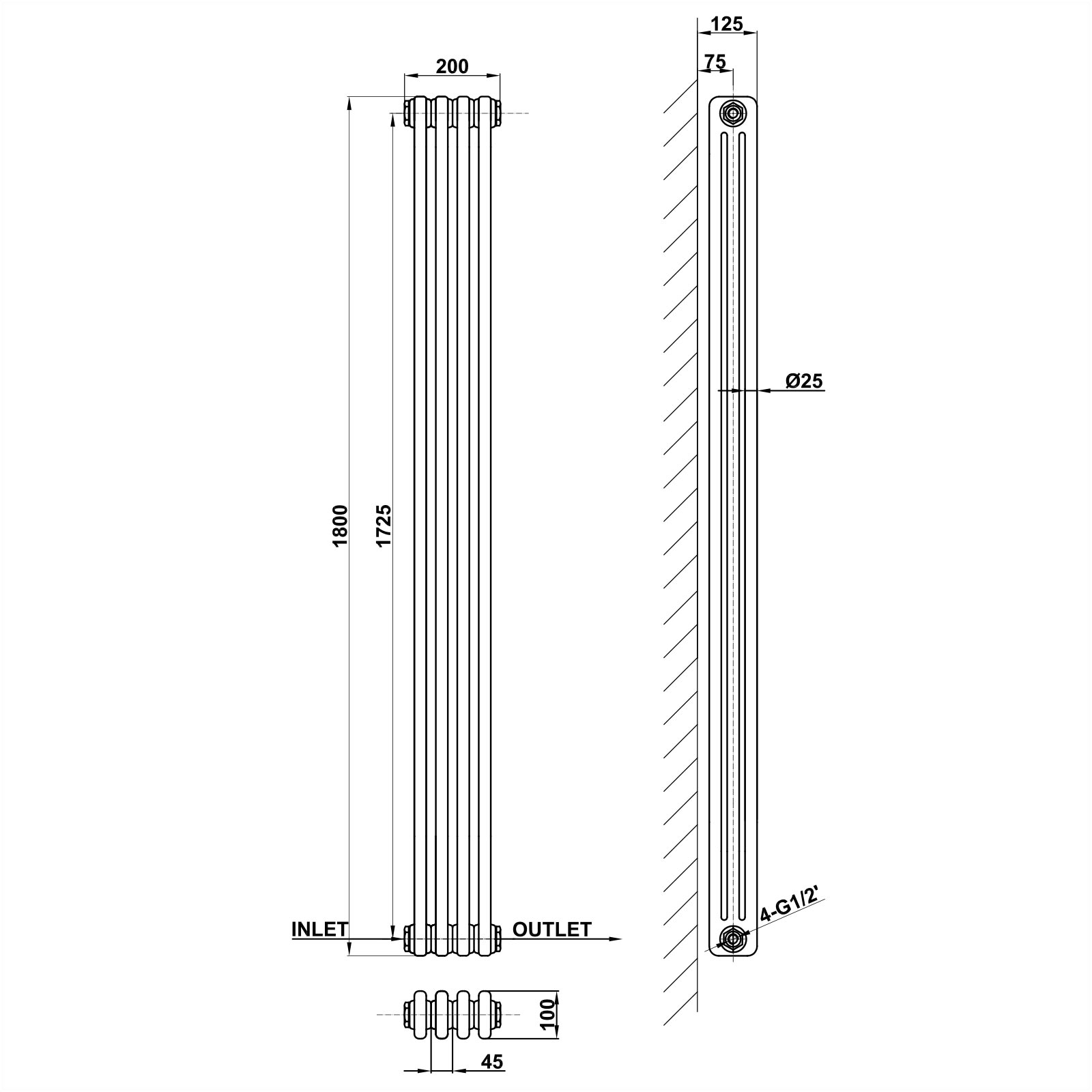 Vertical 2&3 Column Radiator Radiator Line Drawing Three Column MLH C18 4 3 1 CAVR MLH PRODUCTS