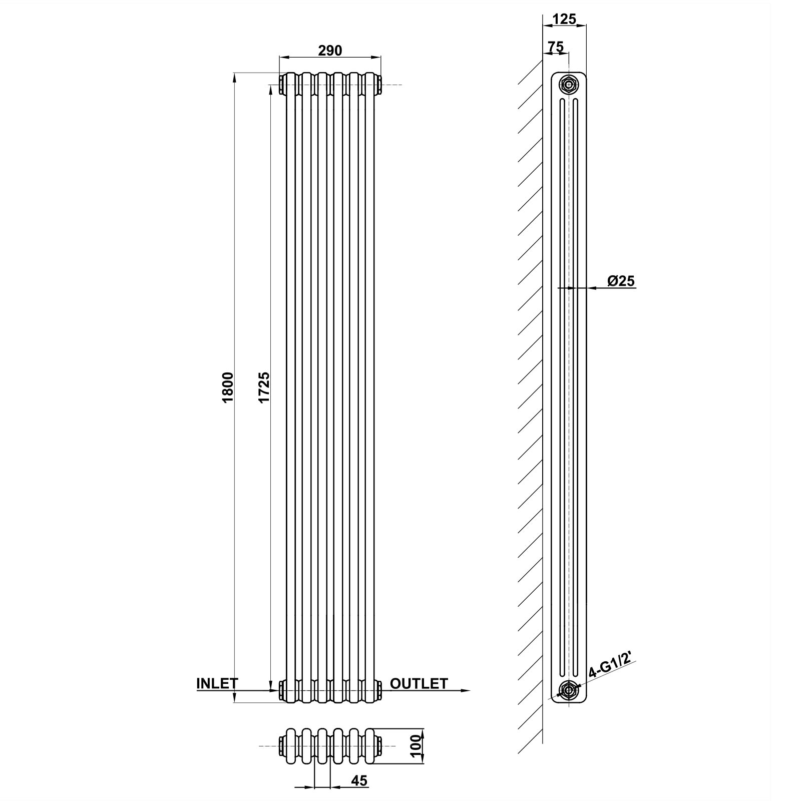 Vertical 2&3 Column Radiator Radiator Line Drawing Three Column MLH C18 6 3 1 CAVR MLH PRODUCTS