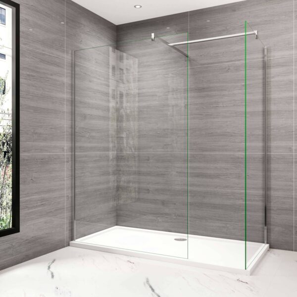 A sleek walk-in wetroom featuring both front and end glass panels for a modern, open design. MLH Products.