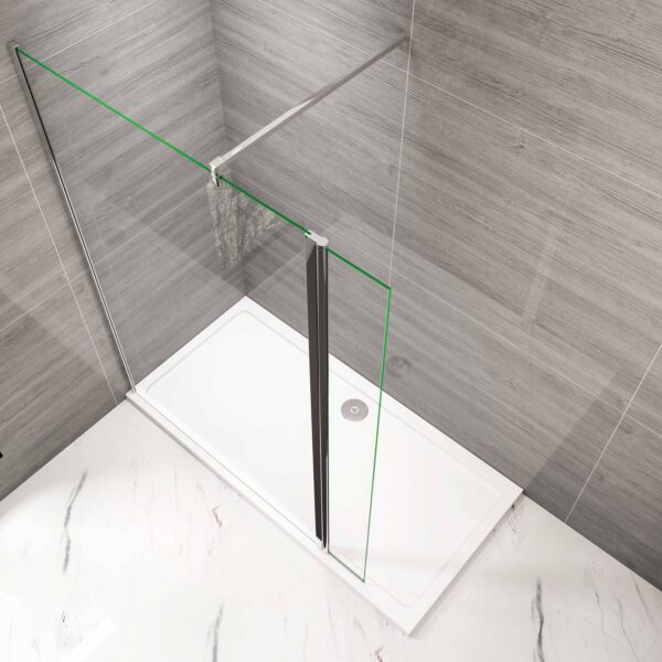 Top-down view of a minimalist walk-in wetroom enclosure with a glass panel and clean shower tray design. MLH Products.