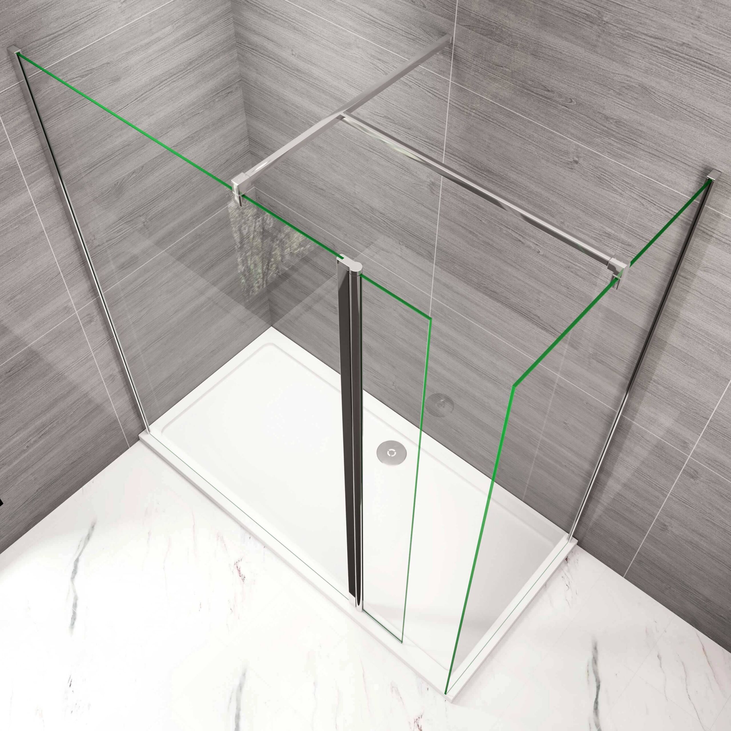 A walk-in wetroom with return and side panels supported by sturdy bars for enhanced stability and style. MLH Products.