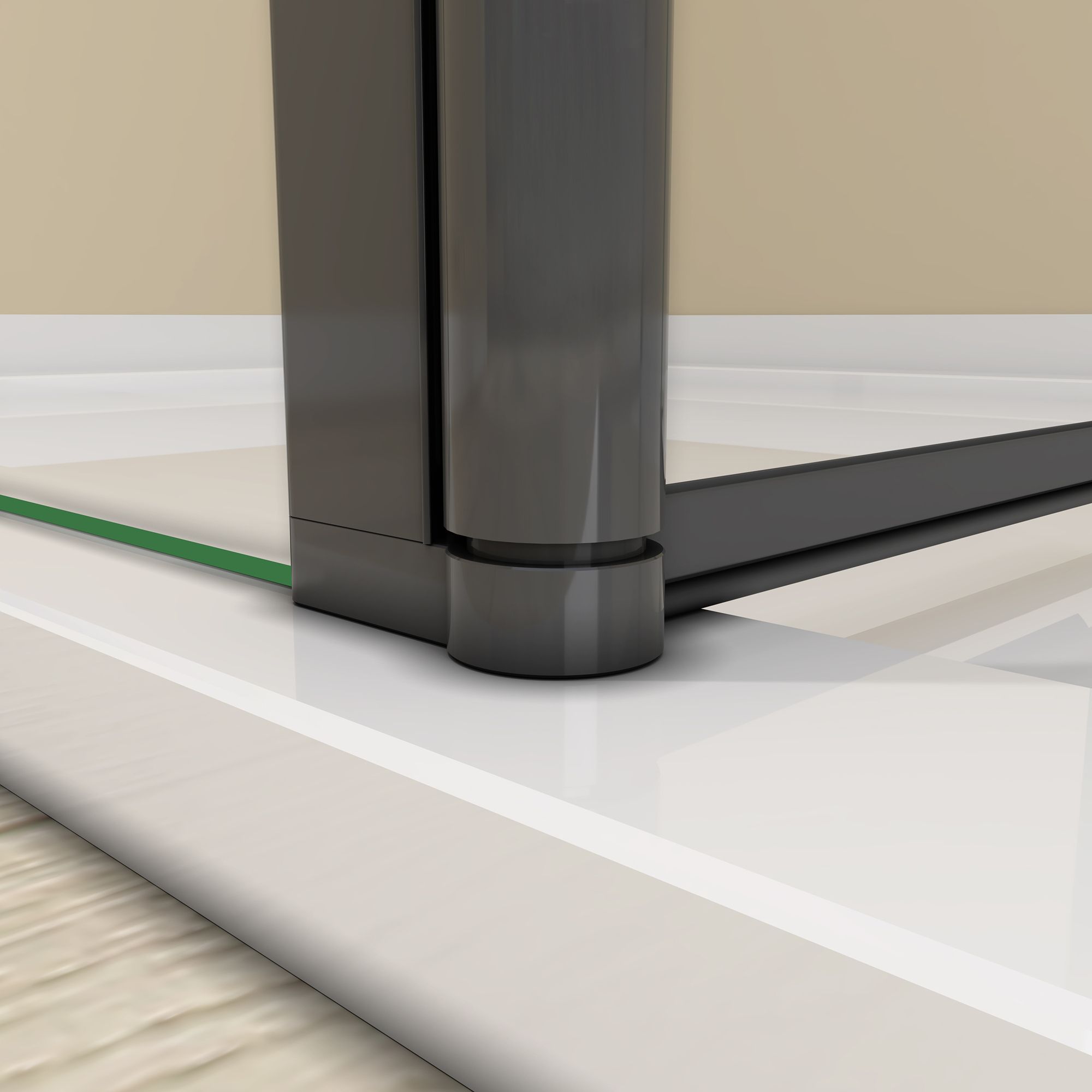 Close-up of the black bottom hinge connecting the flipper panel to the walk-in shower screen