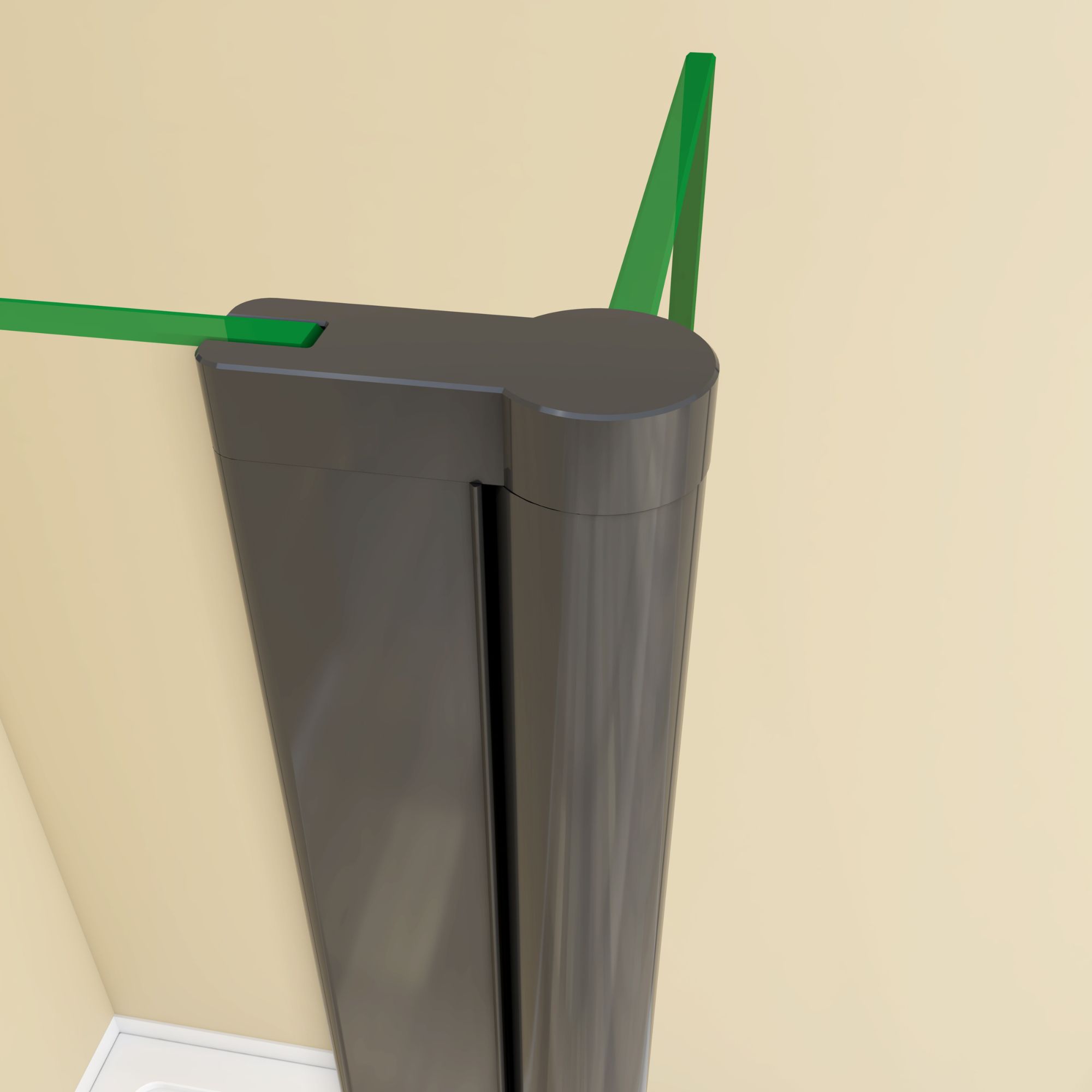 Close-up of the black top hinge connecting the flipper panel to the walk-in shower screen