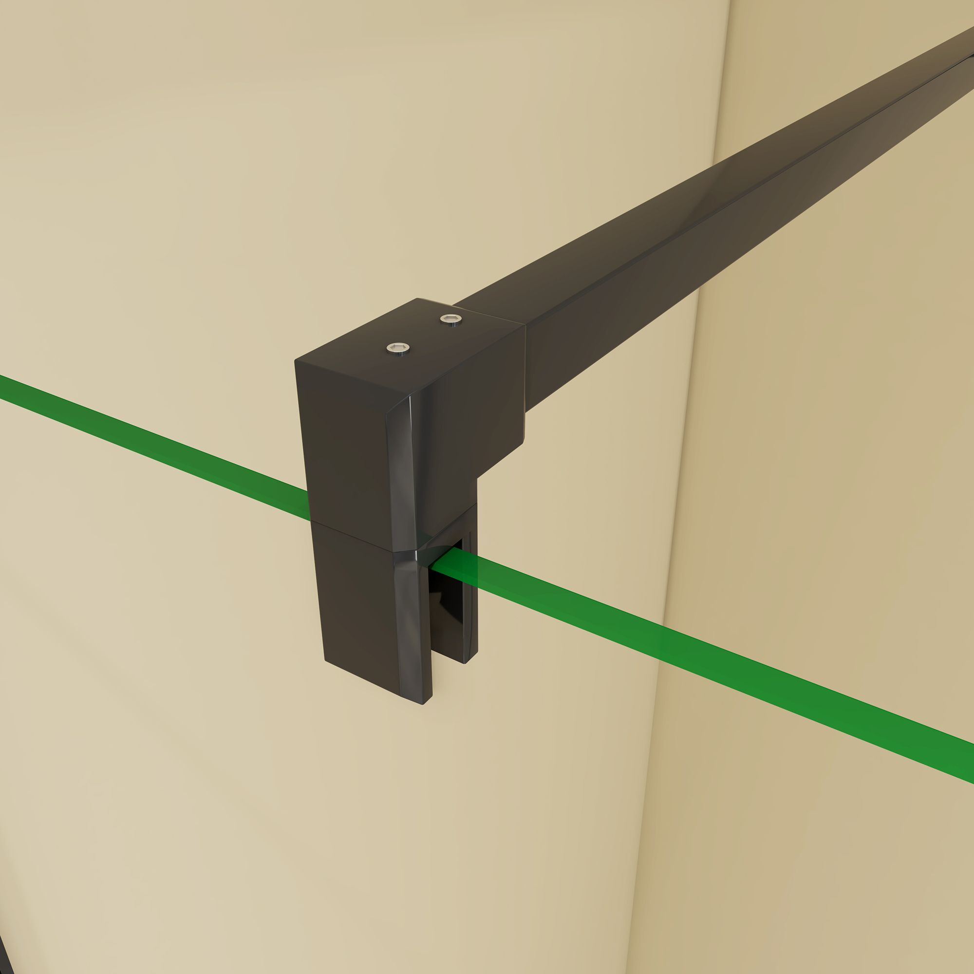 Close-up of the black support bar clamp fitted to the walk-in shower glass