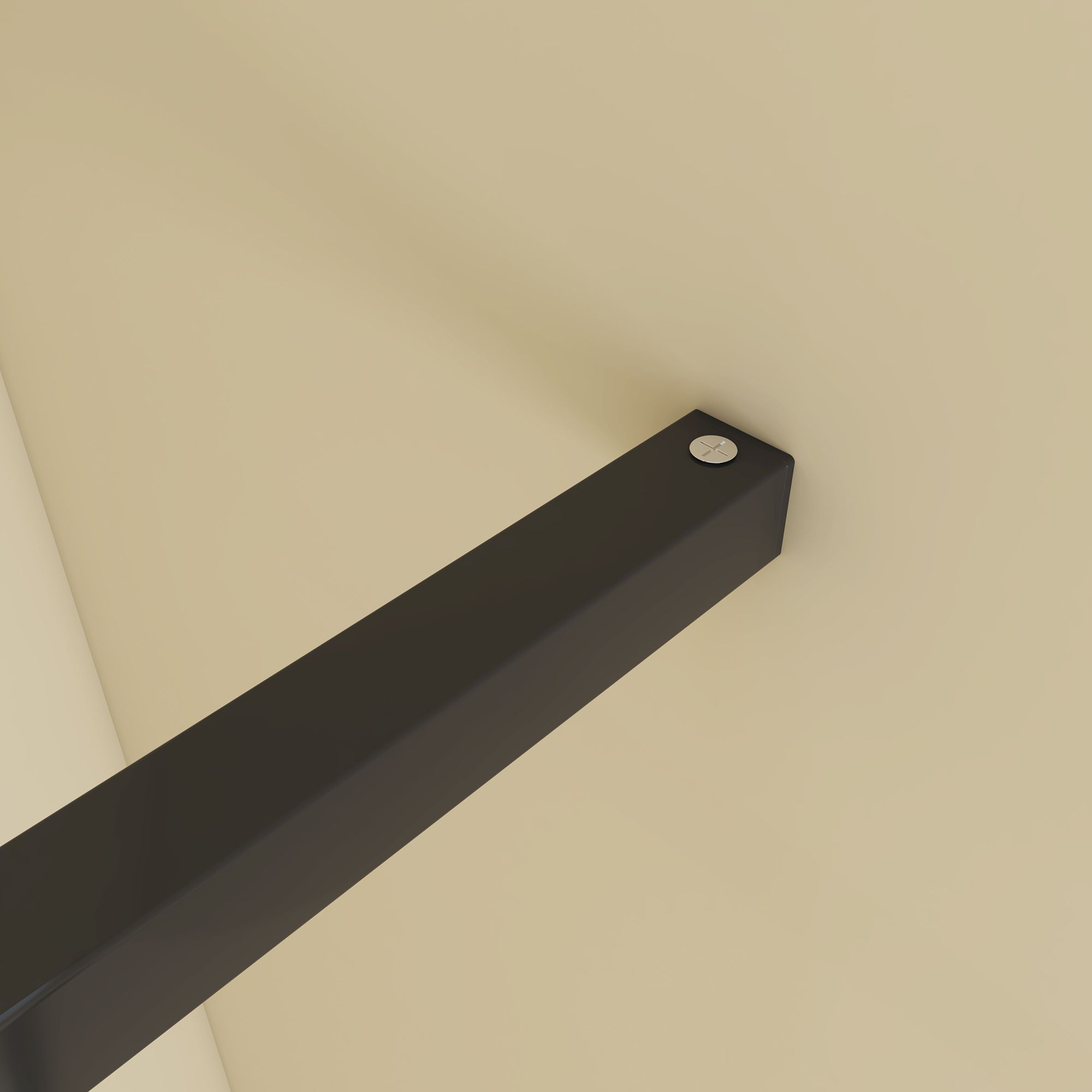 Close-up of the black walk-in shower support bar secured to the bathroom wall