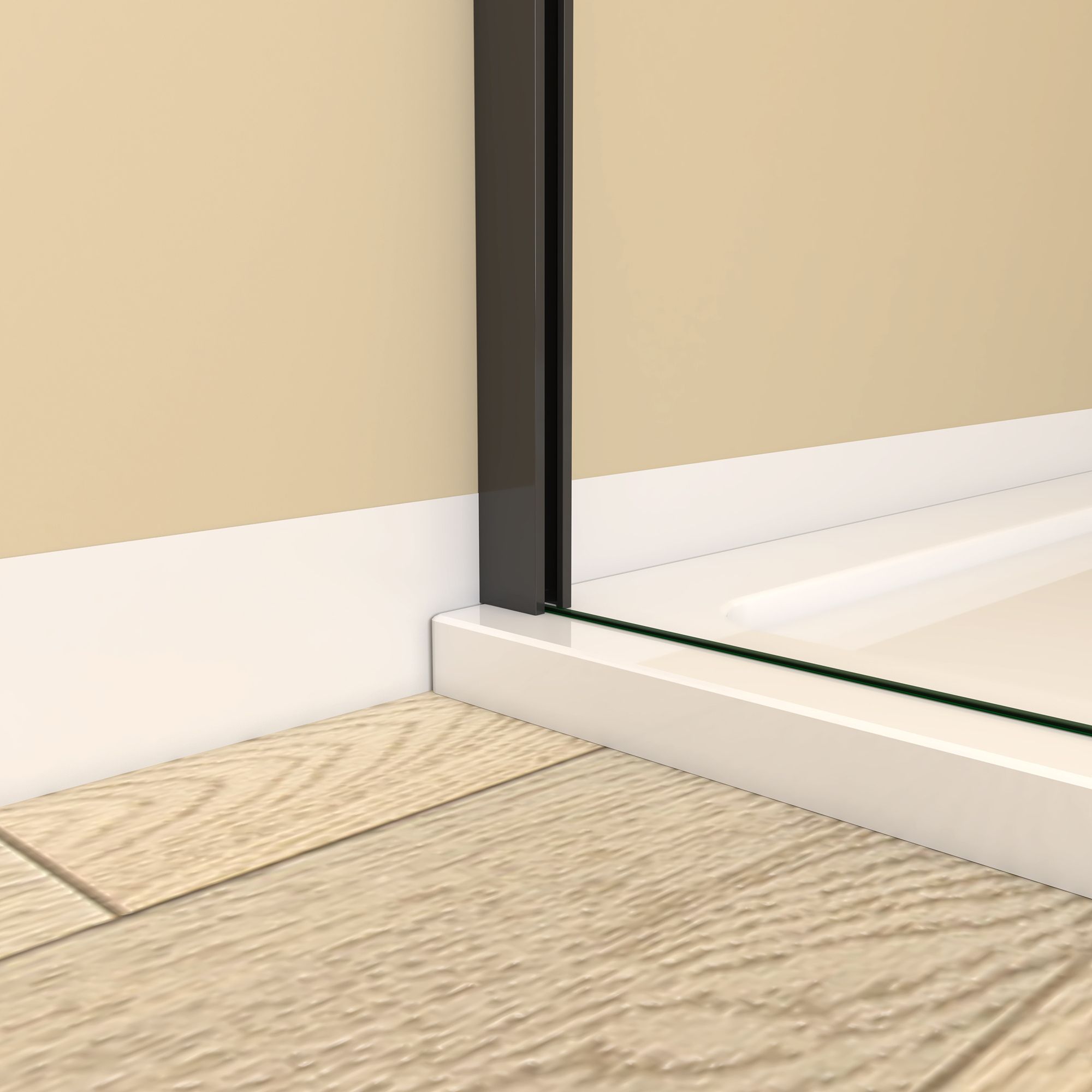 Close-up of the bottom black wall profile securing the shower glass to the tray