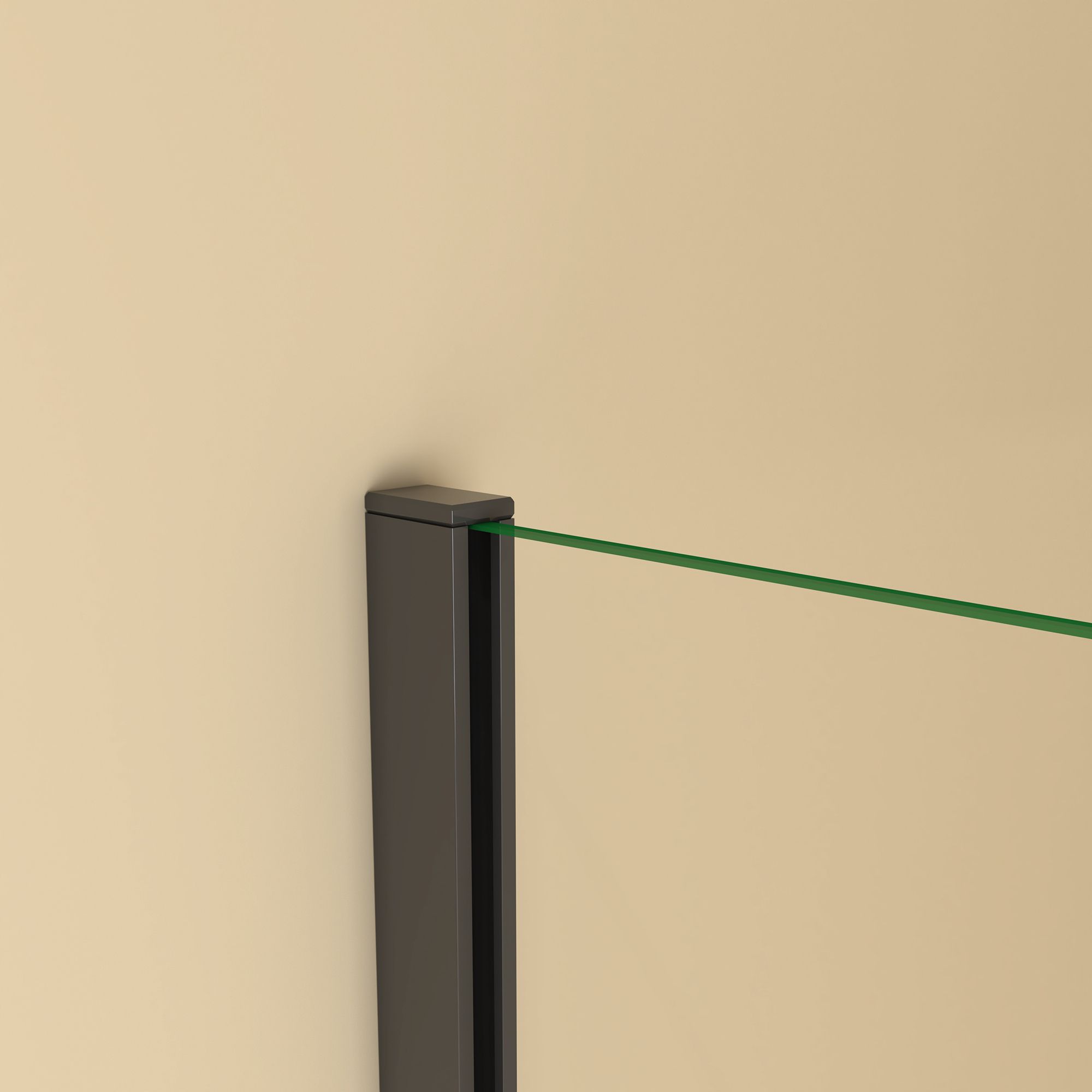 Close-up of the top black wall profile holding the clear walk-in shower glass