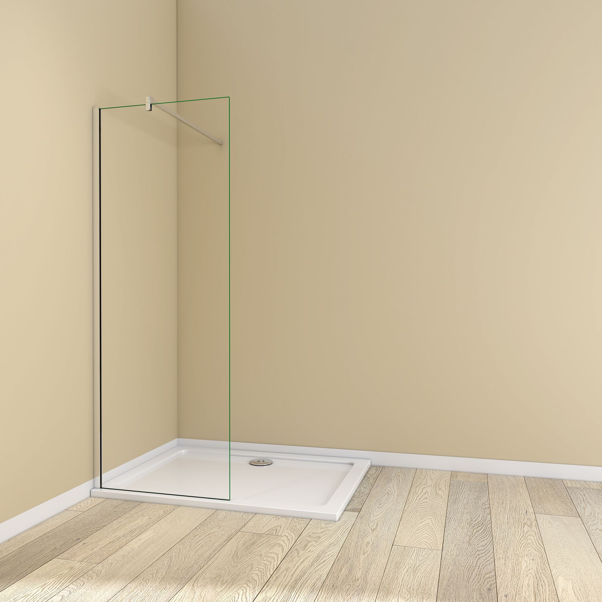 Silver framed 1200–1400mm walk-in shower screen with clear glass panel and support bar