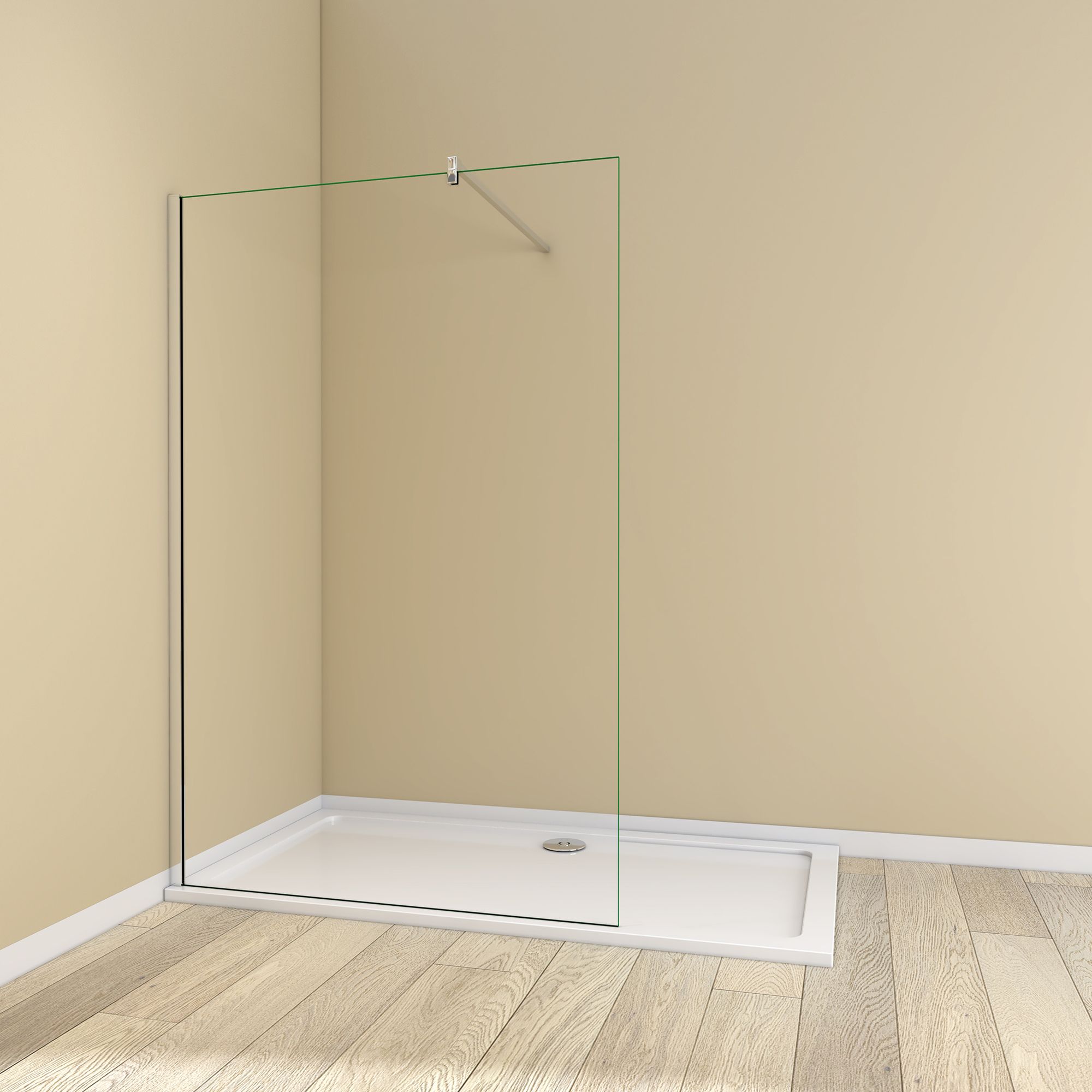 Silver framed 1700mm walk-in shower screen with clear glass panel and wall support bar