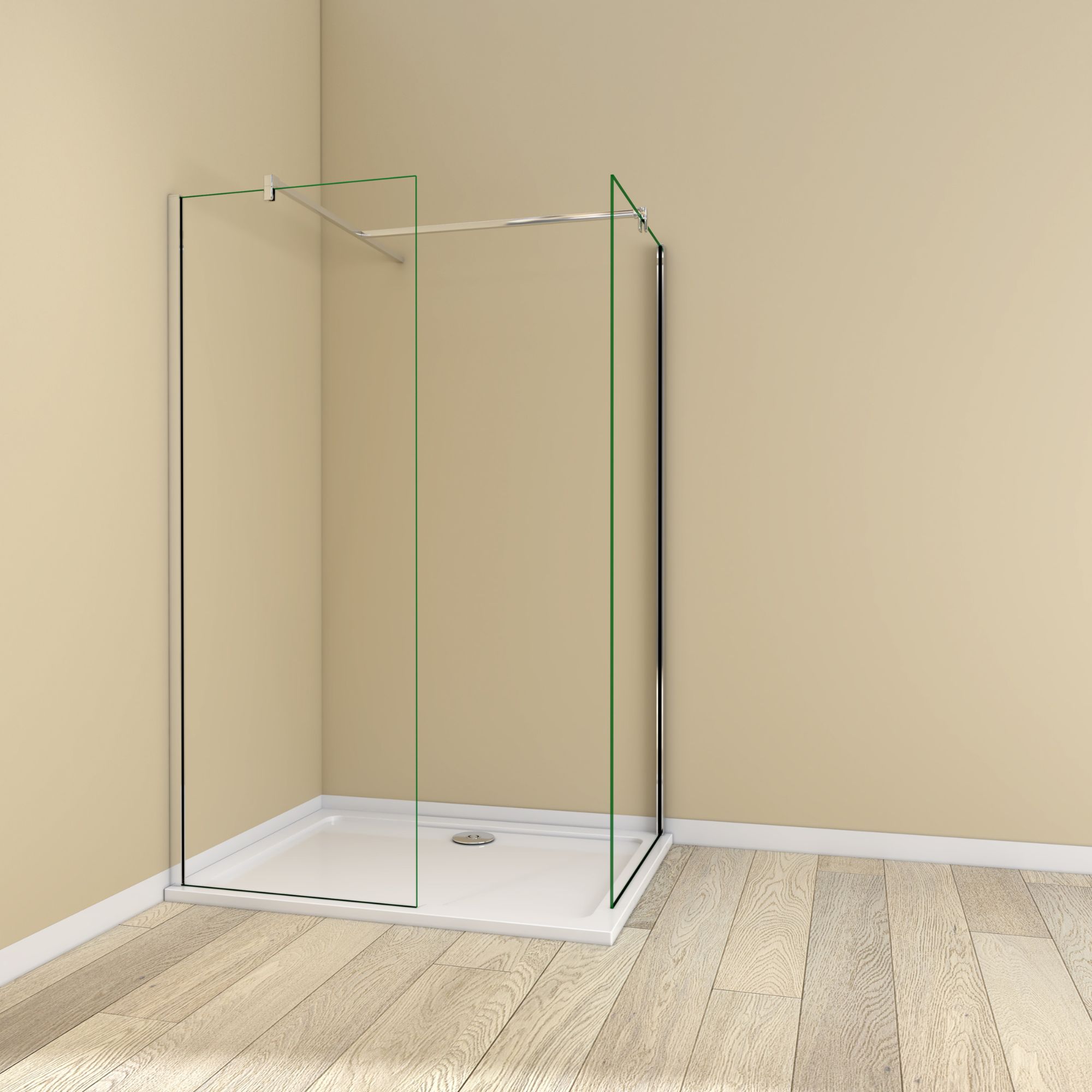 Silver framed 1200–1400mm walk-in shower enclosure with clear glass end panel