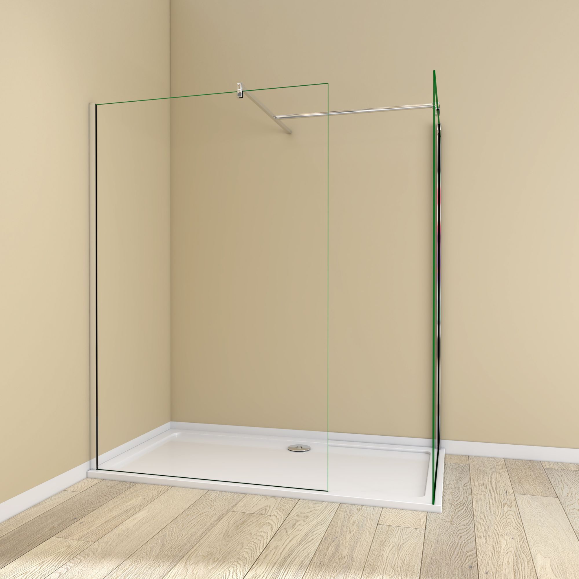Silver framed 1700mm walk-in shower enclosure with clear glass end panel and support bars