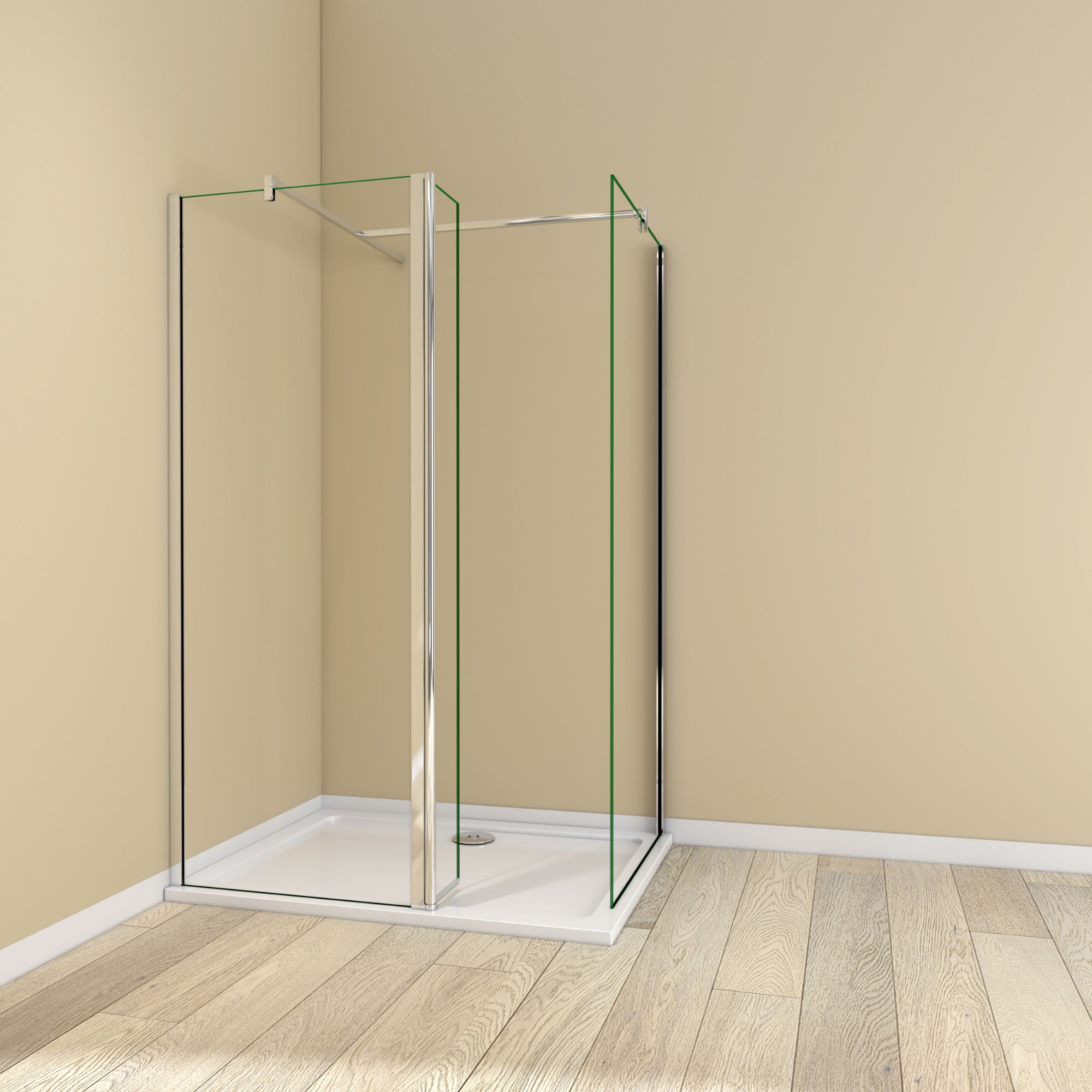Silver framed 1200–1400mm walk-in shower enclosure with flipper panel and glass end panel