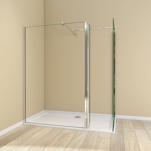 Silver framed 1700mm walk-in shower enclosure with flipper panel, end panel and support bars