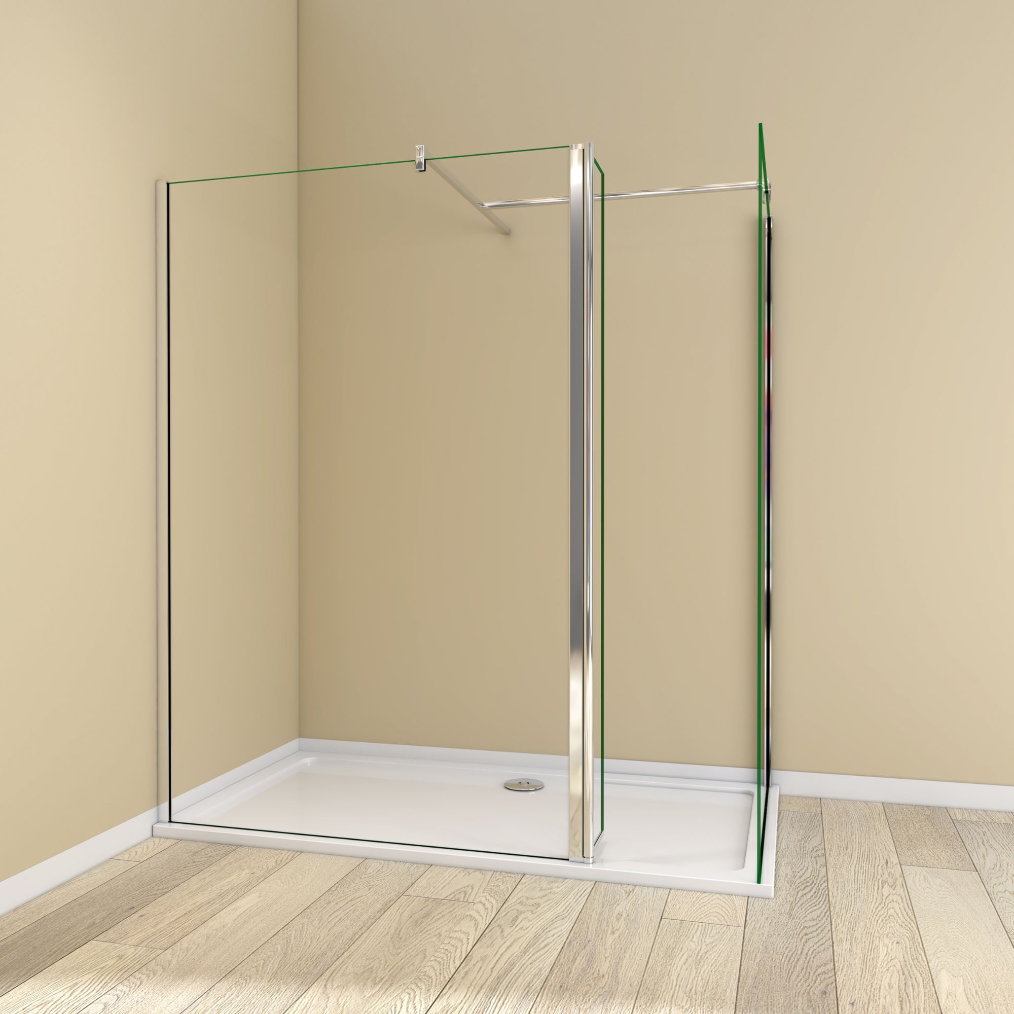 silver-walk-in-flipper-end-panel-1700 Silver framed 1700mm walk-in shower enclosure with flipper panel, end panel and support bars
