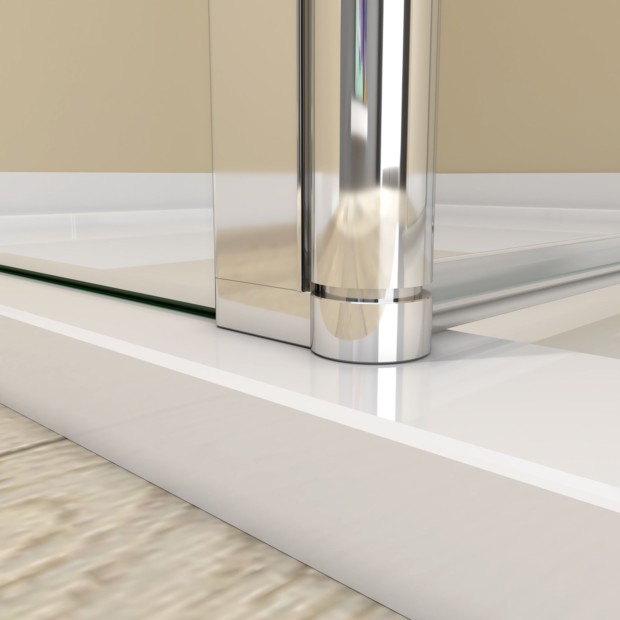 Close-up of the silver bottom hinge connecting the flipper panel to the walk-in shower screen
