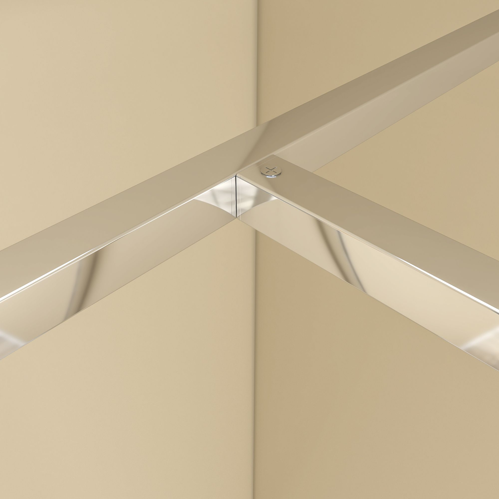 Close-up of the silver support bar corner joint above the walk-in shower end panel