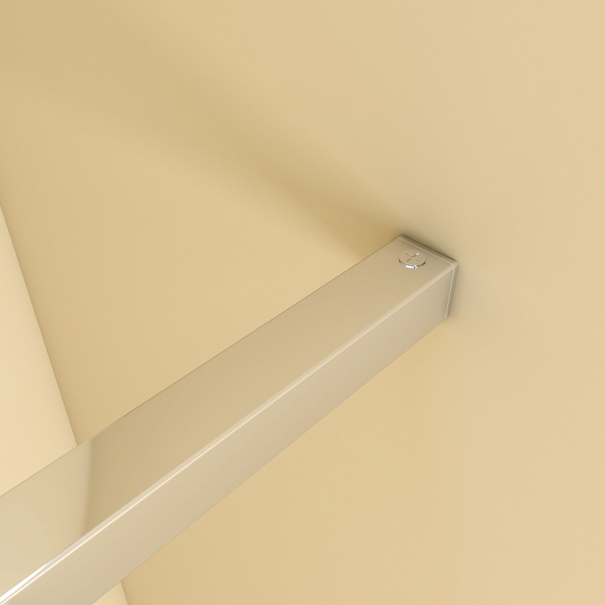 Close-up of the silver walk-in shower support bar secured to the bathroom wall