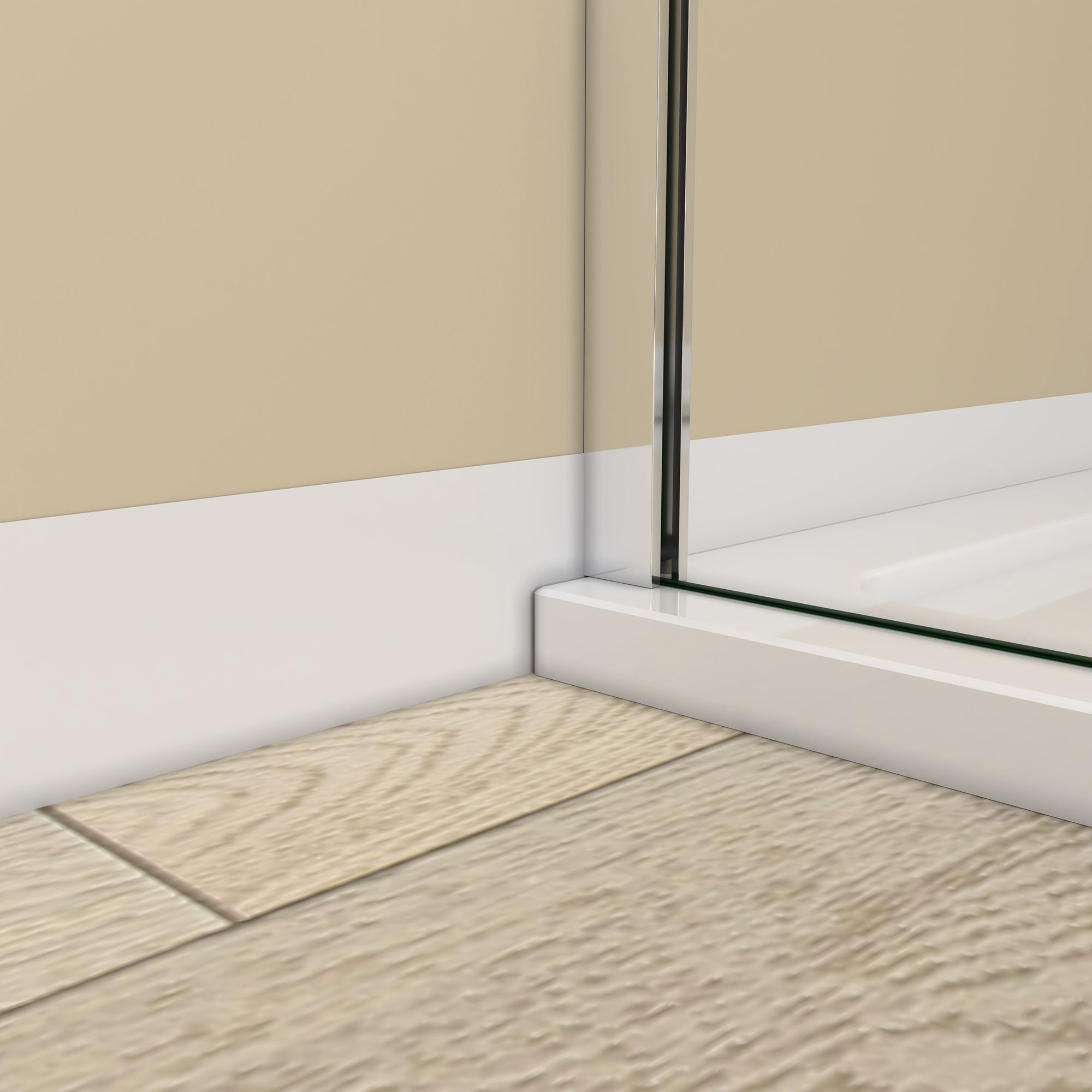 Close-up of the bottom silver wall profile securing the shower glass beside the tray