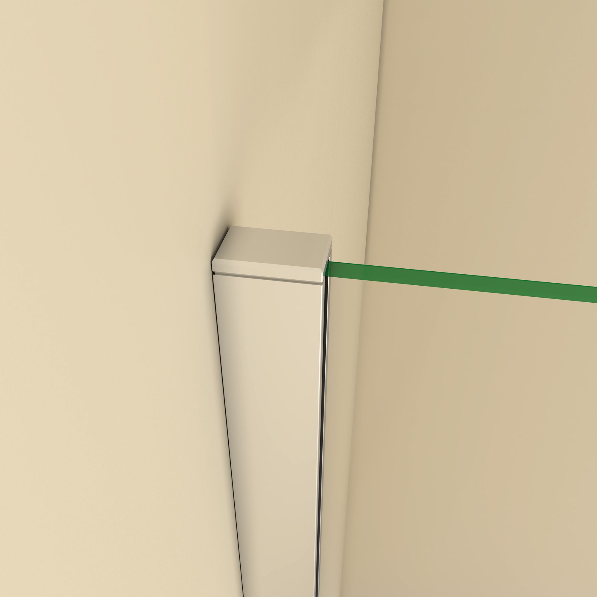 Close-up of the top silver wall profile holding the clear walk-in shower glass