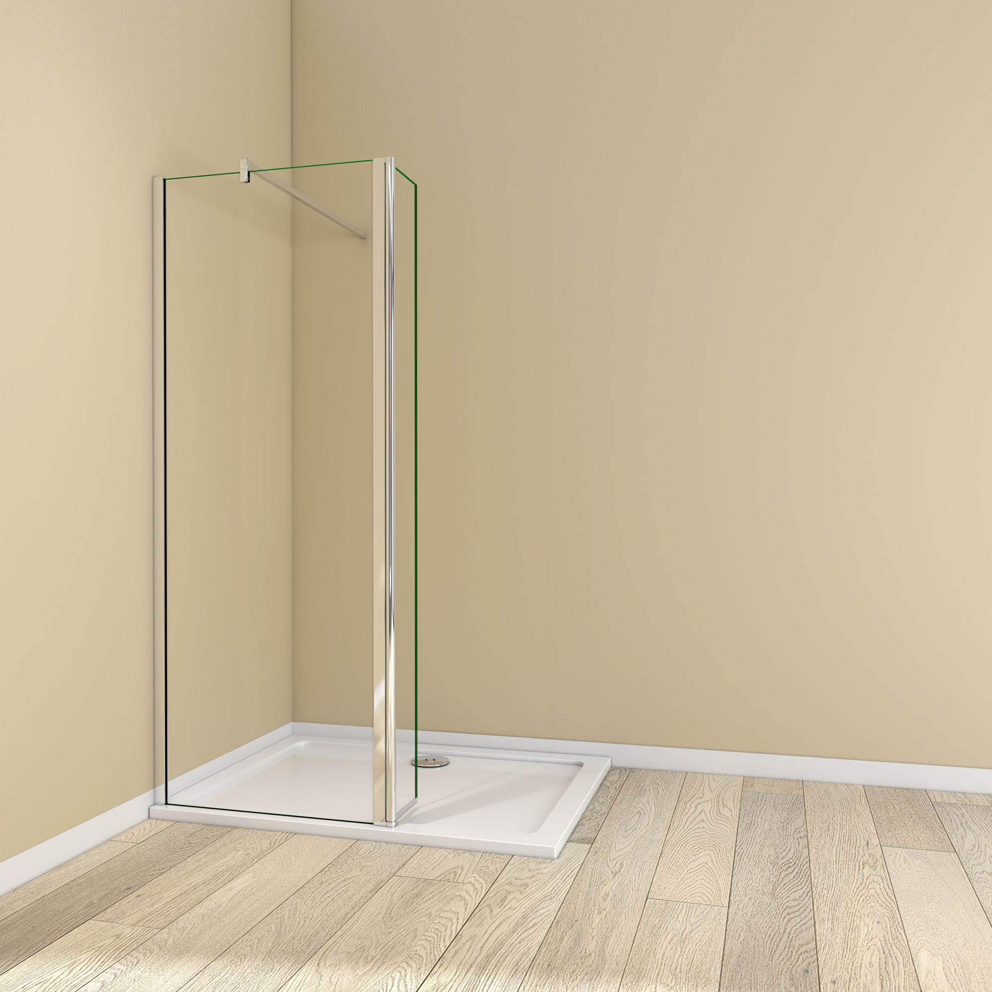 Silver framed 1200–1400mm walk-in shower enclosure with hinged flipper panel and support bar