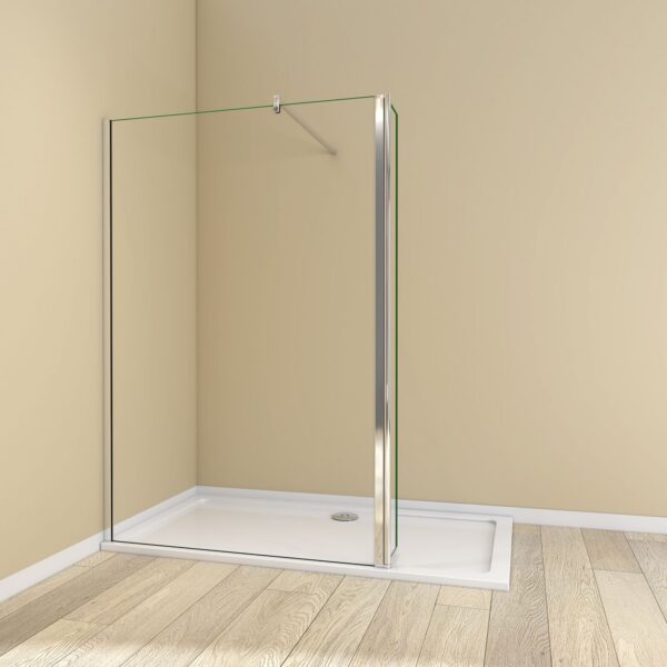 Silver framed 1700mm walk-in shower enclosure with clear glass flipper panel and support bar