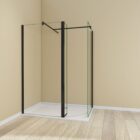 Walk In Wetroom Full Set Corner Fit Black 1 Black corner-fit walk-in wet room enclosure with end glass panel and flipper return panel, clear glass, black profiles and support bars on a white shower tray.
