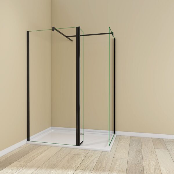 Quality Bath Screens, Enclosures & Radiators by MLH Products 20 Black corner-fit walk-in wet room enclosure with end glass panel and flipper return panel, clear glass, black profiles and support bars on a white shower tray.