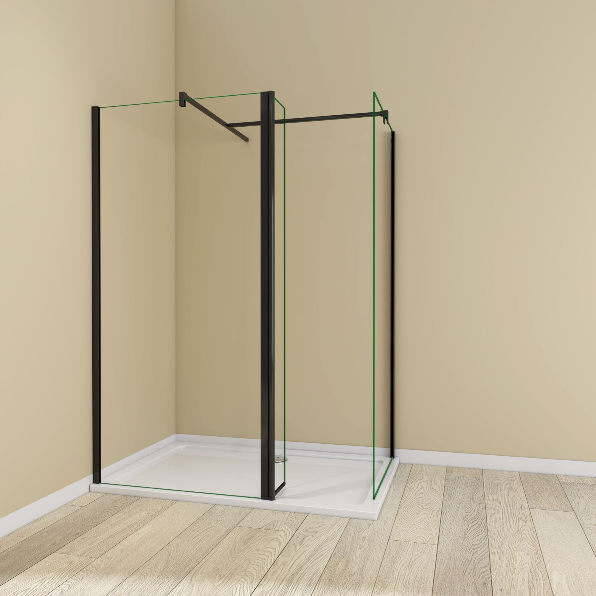 Walk In Wetroom Full Set Corner Fit Black 218 Black corner-fit walk-in wet room enclosure with end glass panel and flipper return panel, clear glass, black profiles and support bars on a white shower tray.