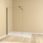 Walk In Wetroom Full Set Recess Fit Black 3 Black recess-fit walk-in wet room enclosure with clear fixed glass panel, black wall profile and support bar on a white shower tray.