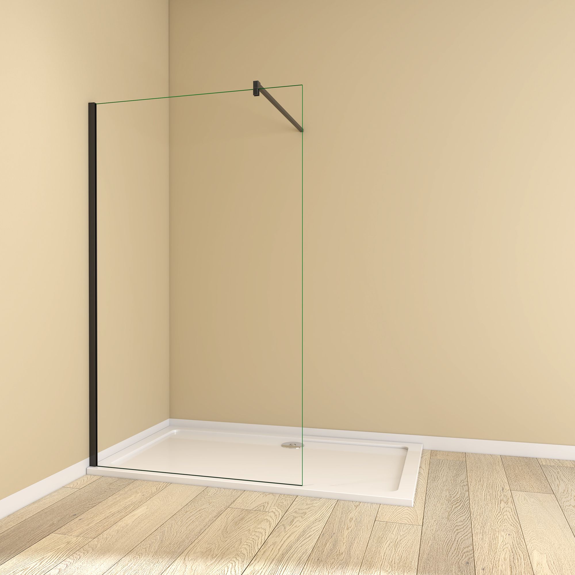 Black recess-fit walk-in wet room enclosure with clear fixed glass panel, black wall profile and support bar on a white shower tray.